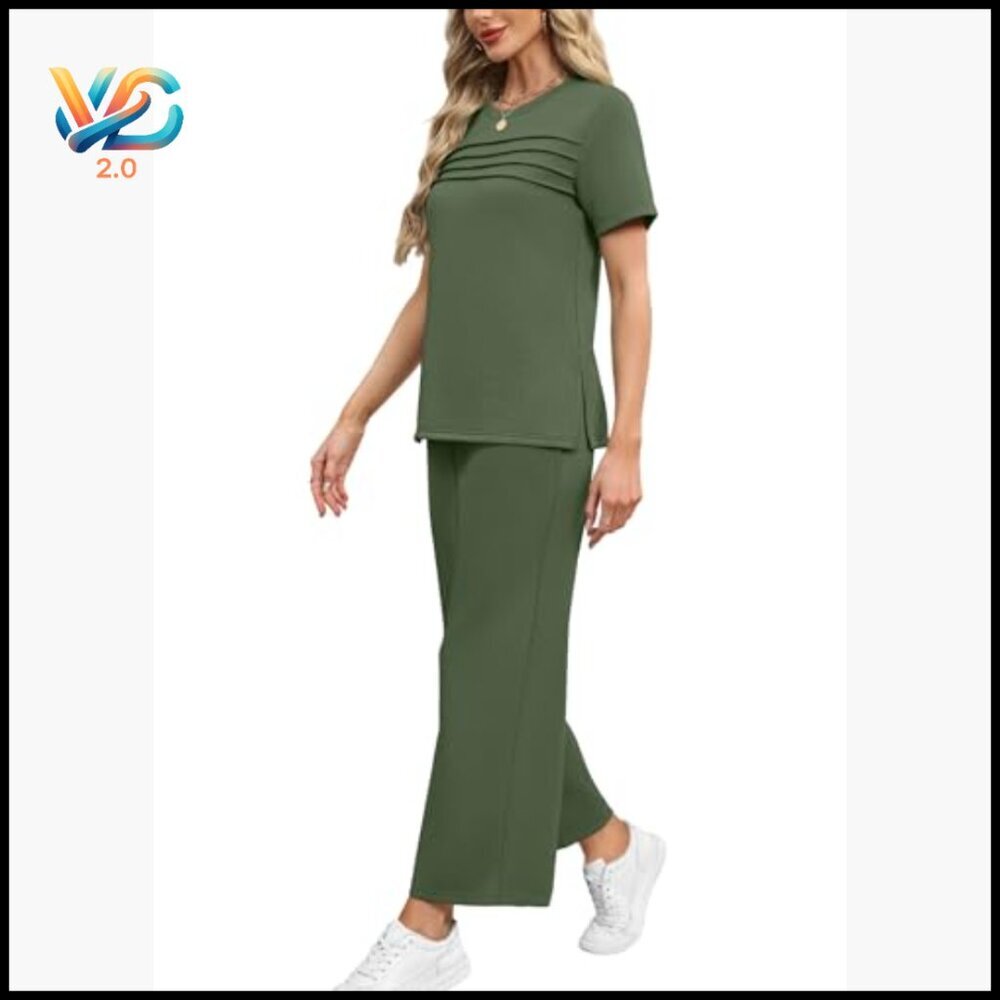 Two Piece Set Wide Leg Pants Short Sleeve Lounge Travel Outfit S-3XL - Picture 4 of 7